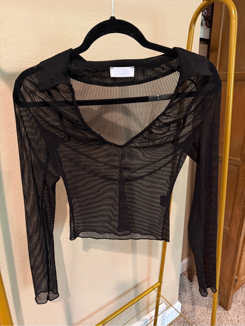 Sheer Black Ribbed Long-Sleeve V-Neck Polo Top